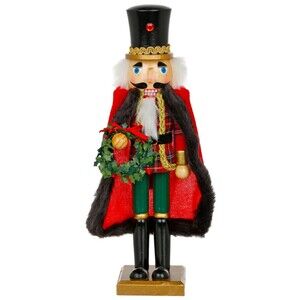Wooden Christmas Nutcracker, 15", MALE IN LONG BLACK IN RED CAPE WITH WREATH, BO